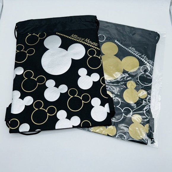 Disney Mickey Mouse Drawstring Backpack Bag Tote Black Gold, Silver [2 Pack] NEW - Picture 1 of 7